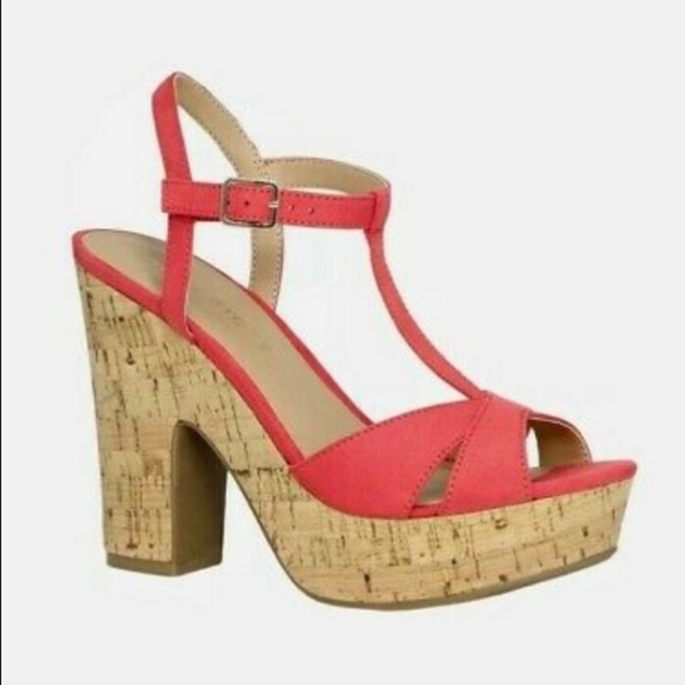 BRAND NEW Sun + Stone Wood Block Heel Slingback Platform Heels Coral/Red Suede